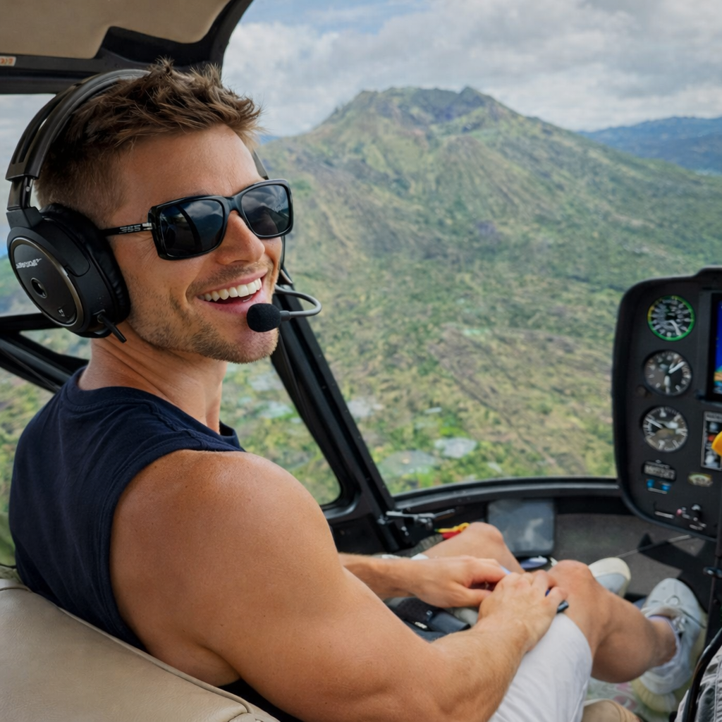 Helicopter flight over Bali volcanoes