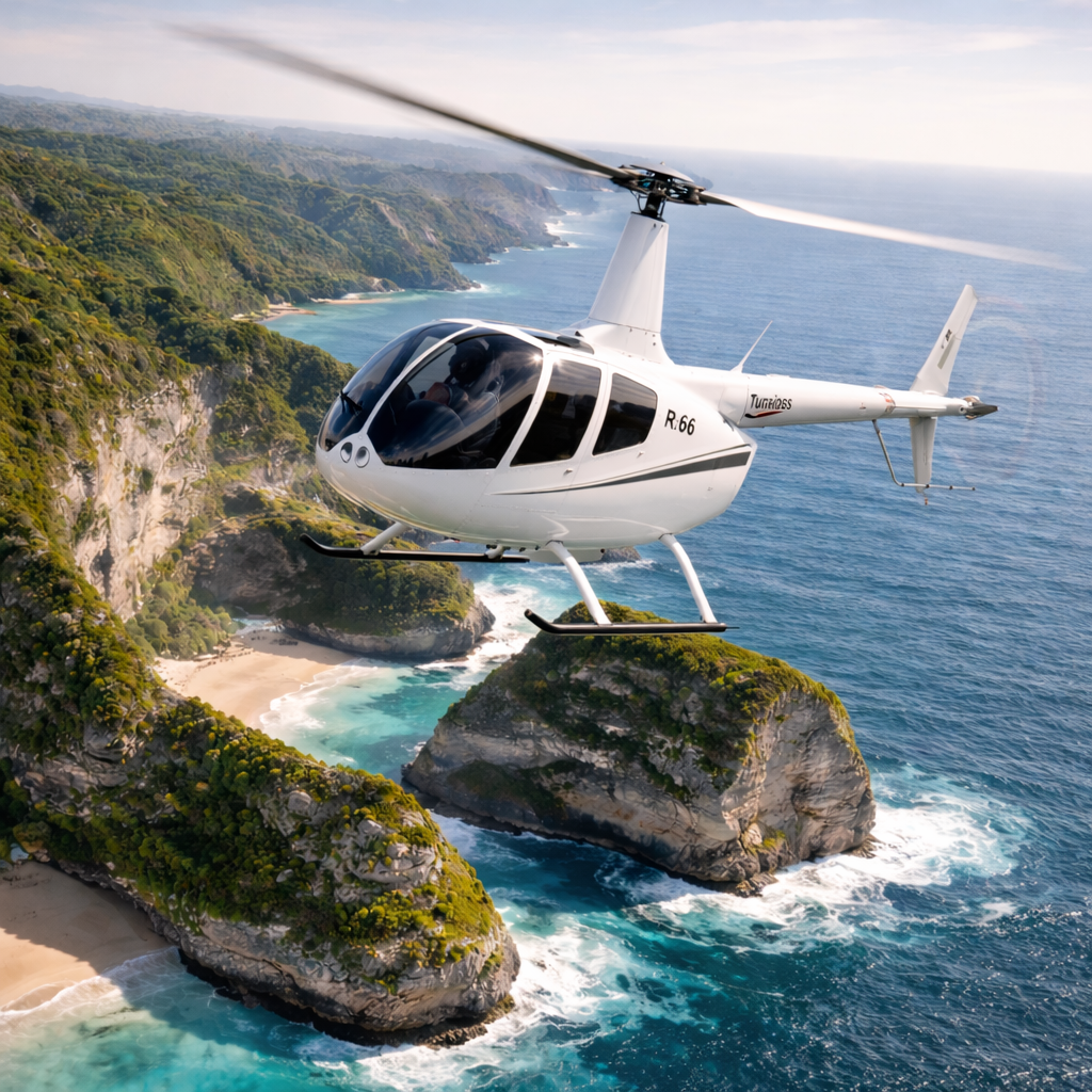 Aerial view Bali coastline from helicopter