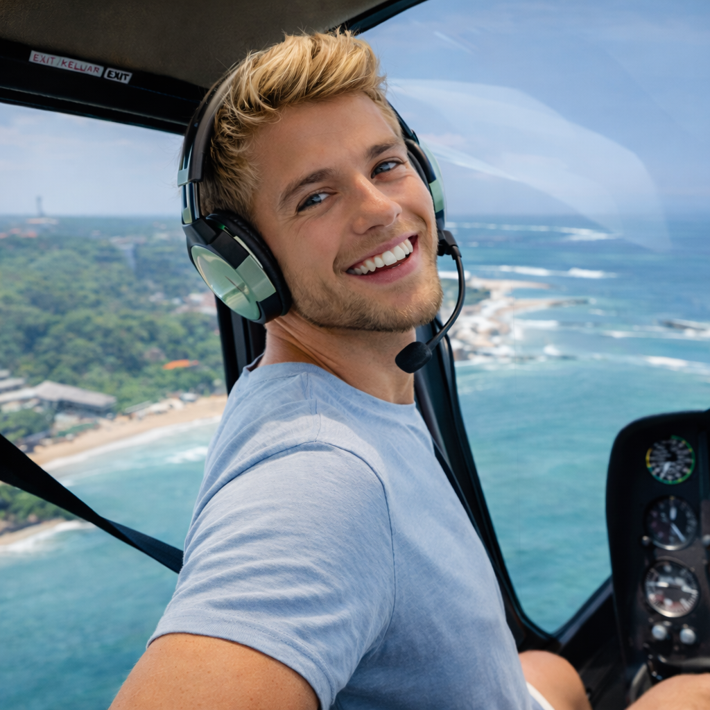 Passenger inside Robinson R66 helicopter