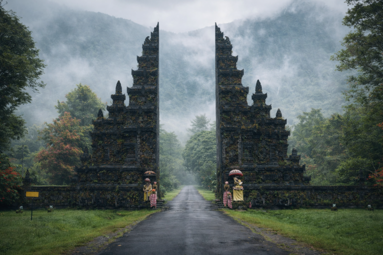 Traditional Balinese split temple gates framed by misty tropical mountains and lush greenery, cinematic landscape view.
