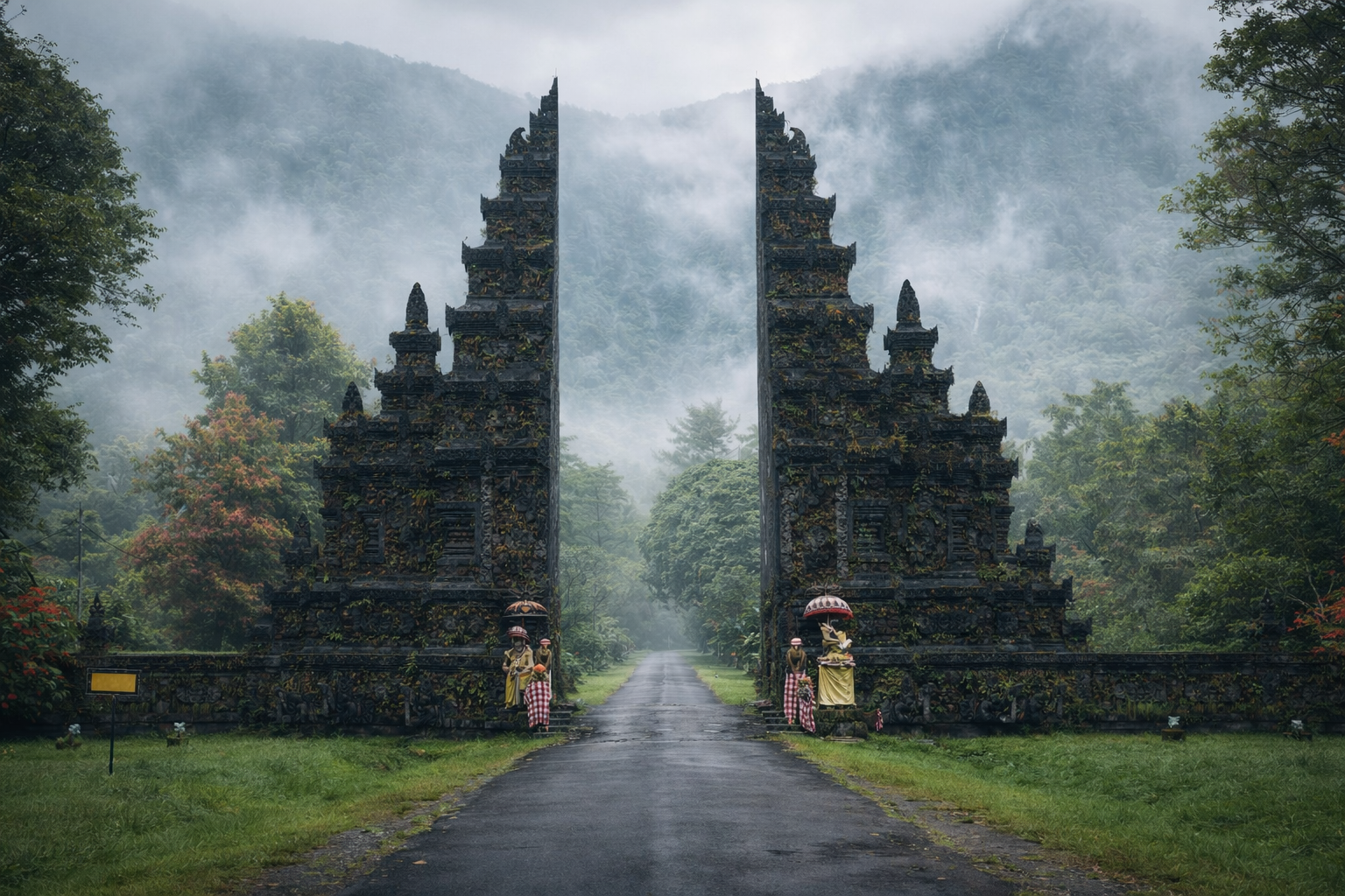 Traditional Balinese split temple gates framed by misty tropical mountains and lush greenery, cinematic landscape view.